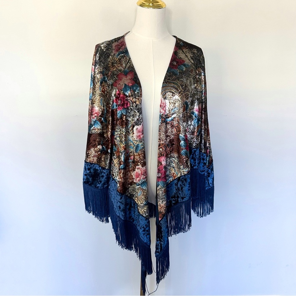 Umgee Floral Burnout Velvet Cape Poncho Kimono Wrap Cobalt Blue Fringe Large